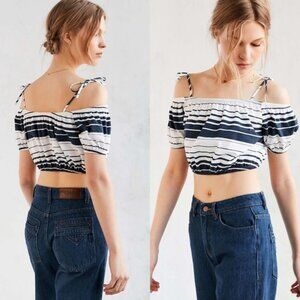 Alice Hermance Blue & White Striped Off Shoulder Peasant Crop Top XS